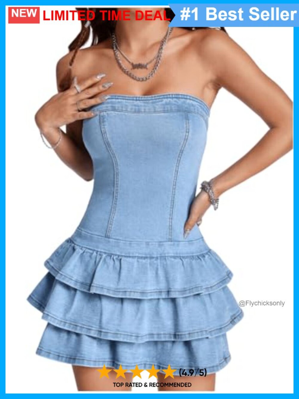 Strapless Denim Mini Dress Layered Ruffle Back Zipper Casual Summer